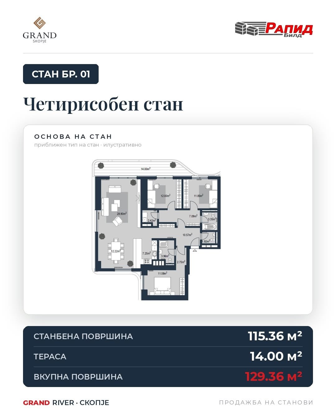 Четирисобен 129.36 m²